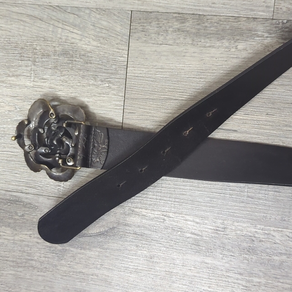 Vintage Fossil Rhinestone Rose Buckle Black Leather Belt - Picture 7 of 8